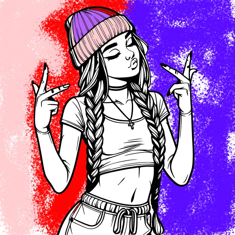 realistic teenage girl with braids and a beanie and crop top doing 🫶🏼