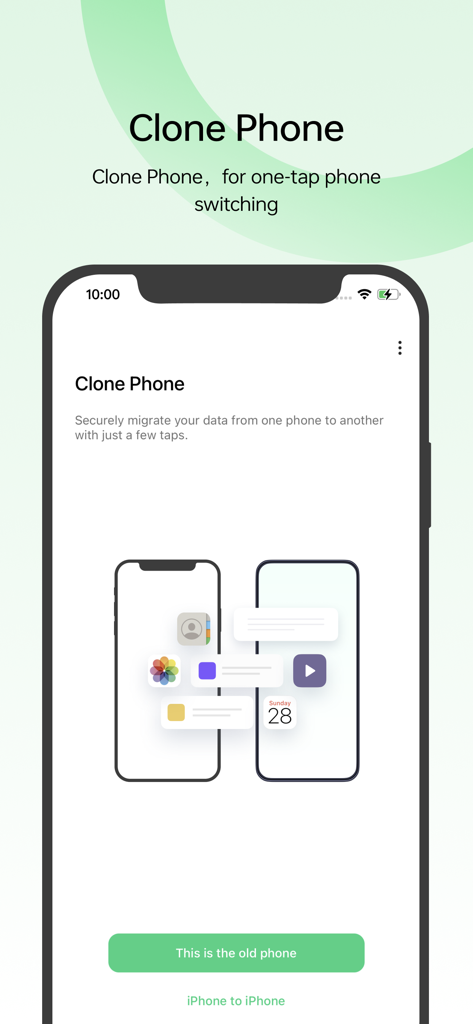 Un écran de smartphone affichant l'interface de l'application Clone Phone pour la migration sécurisée des données entre appareils