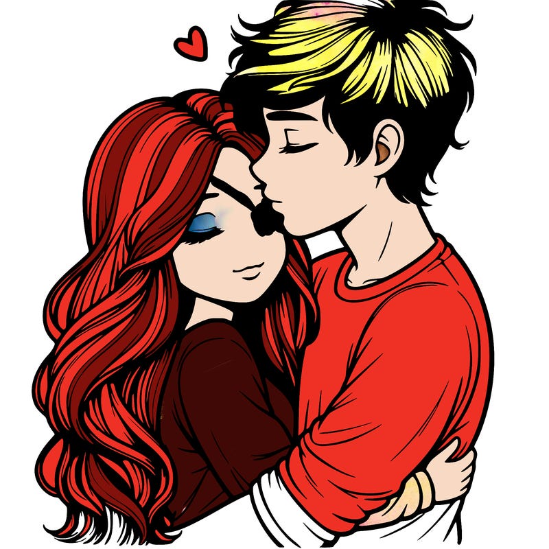 a realistic couple boy and girl hugging and kissing