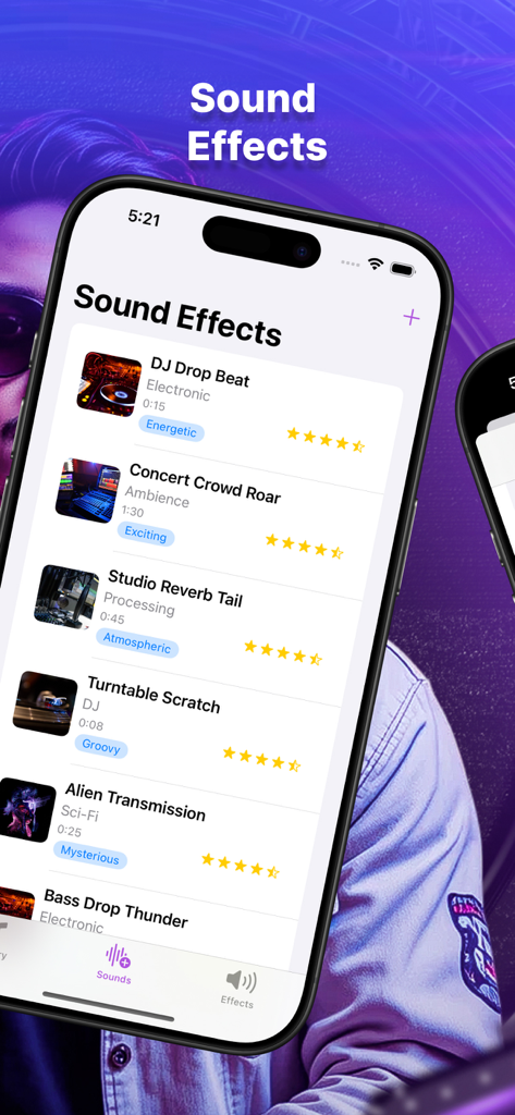 Interface de l'application Sound Magic Effect plus montrant une liste d'effets sonores professionnels avec des catégories et des notes