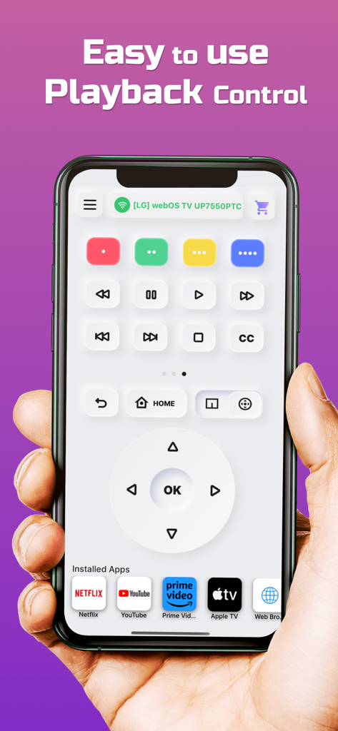 Remote for LG TV - WebOS TV - LG Smart TV remote app interface showing playback controls and streaming shortcuts