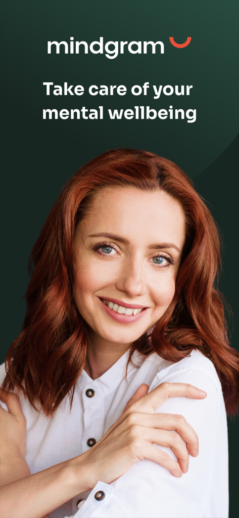 Mindgram - Smiling professional woman on the Mindgram app intro screen featuring the text Take care of your mental wellbeing