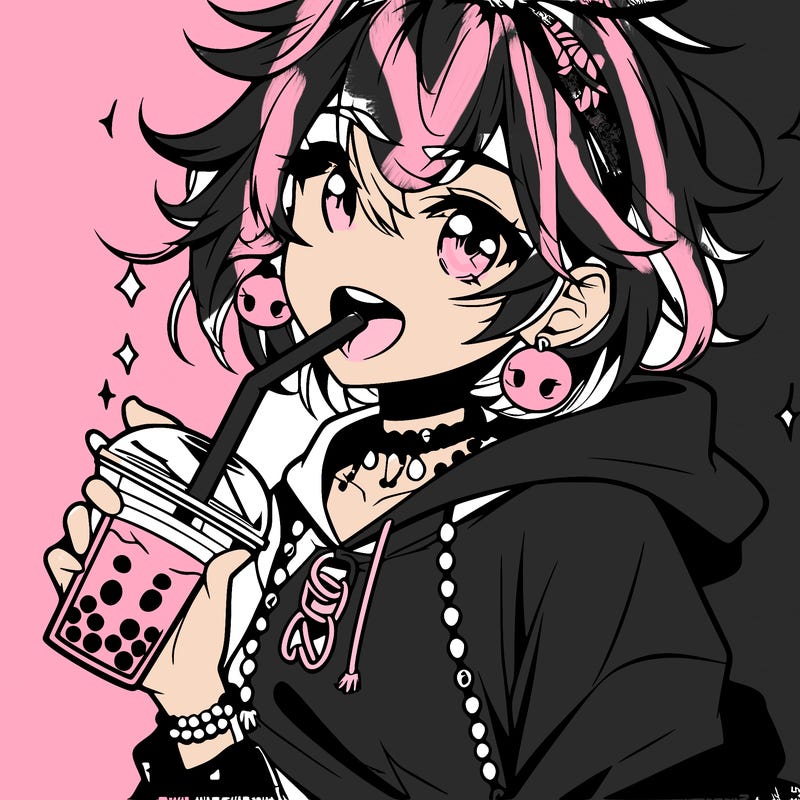 hot baddie anime girl drinking boba and biting the straw