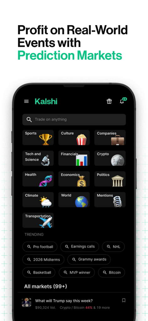 Kalshi mobile app interface showing various event trading categories including sports culture and financials