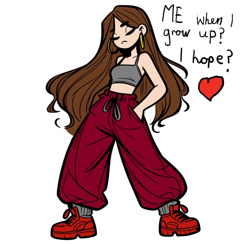 girl in baggy pants crop top and long hair