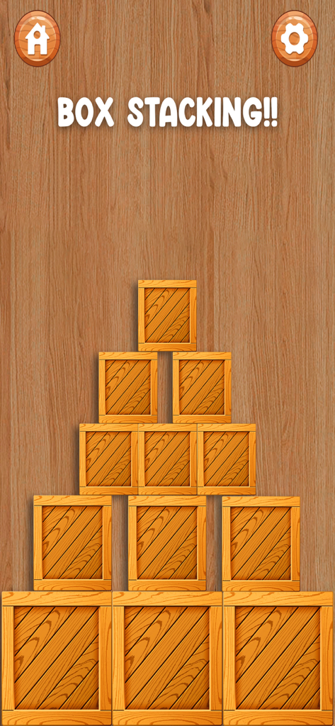 A digital box stacking game featuring a pyramid of wooden crates on a wooden texture background.