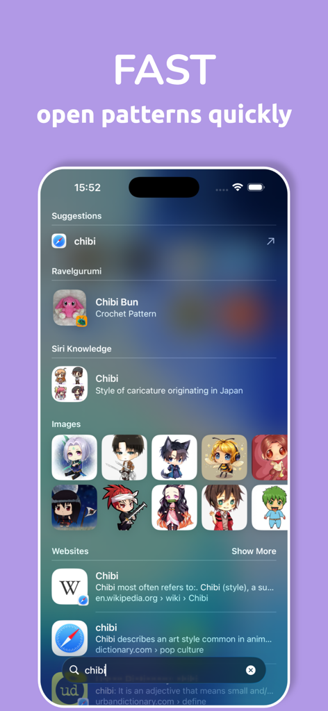 Crochet Patterns: Ravelgurumi - Mobile app interface showing a search for chibi crochet patterns with quick access results.