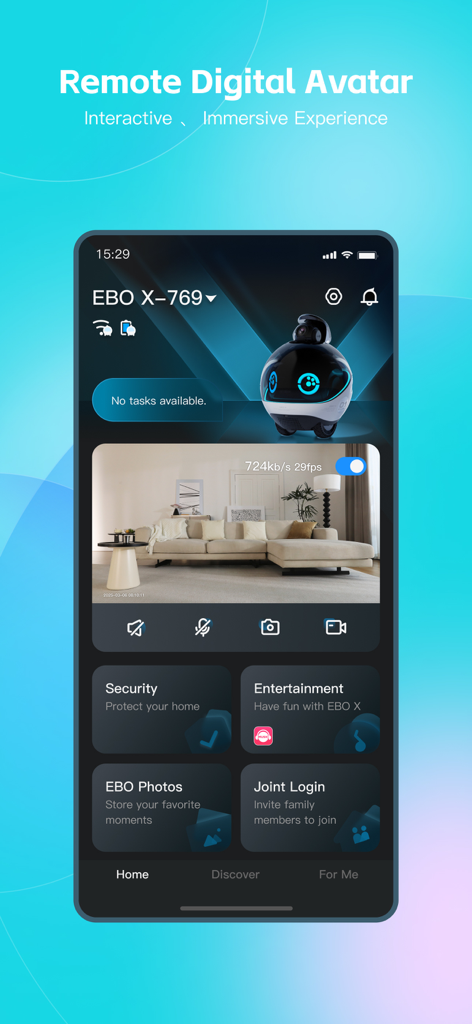 EBO HOME Robot - EBO HOME app interface showing a live video feed from a smart home robot with security and entertainment controls.