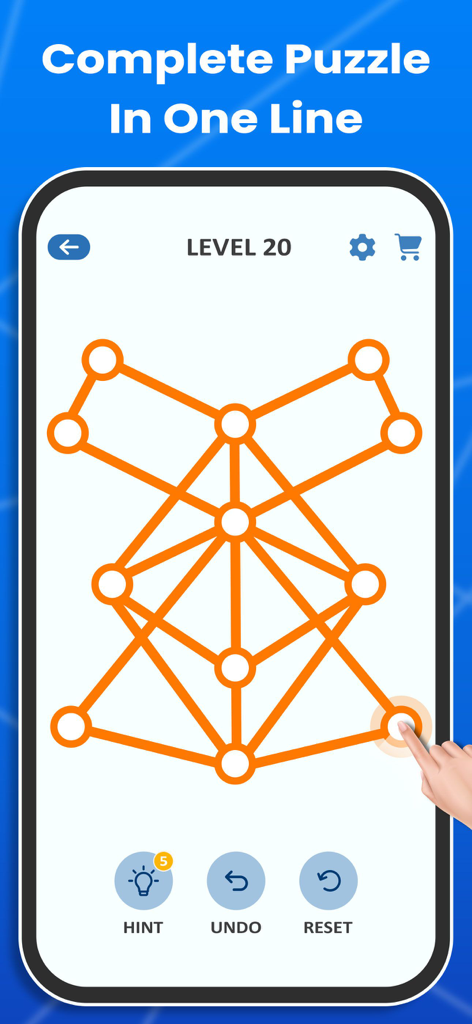 One Line - One Touch Puzzle - Minimalist mobile puzzle game interface showing level twenty where a user connects dots with one single line
