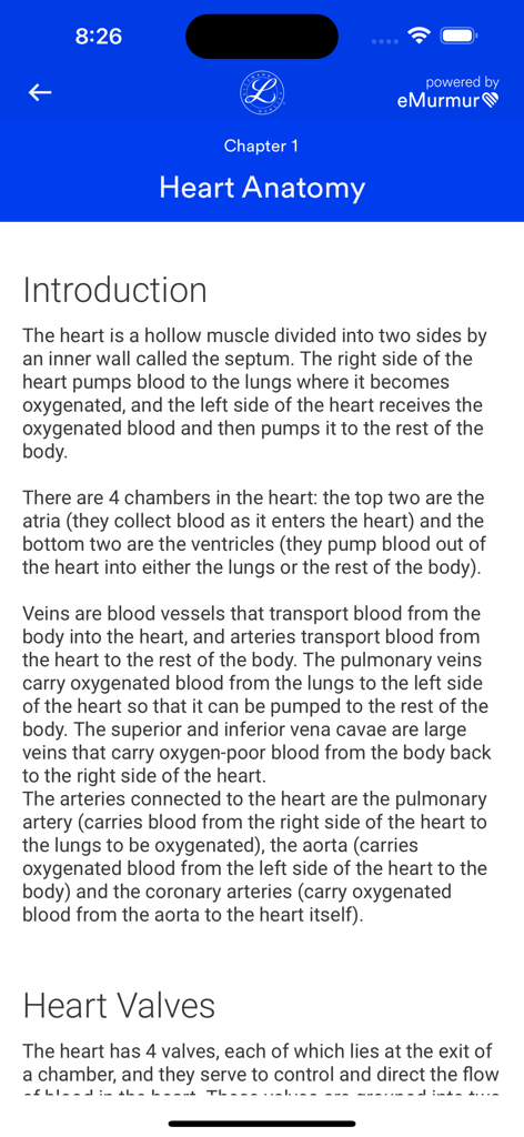 Littmann™ Learning - A screenshot showing Chapter 1 Heart Anatomy introduction text in the Littmann Learning app.