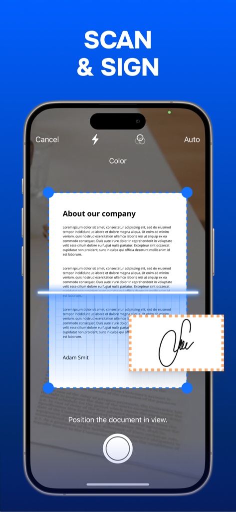 Sign Documents - eSign PDF - Ein Mobiltelefon, das ein Papierdokument scannt, um eine digitale Signatur hinzuzufügen