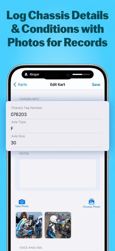 KartTrackerAI - 고카트 섀시 사양 기록 및 세션 사진 첨부를 위한 모바일 앱 인터페이스