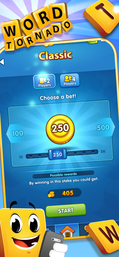 Wordtornado - Wordtornado app screen for selecting classic game mode and virtual coin stakes
