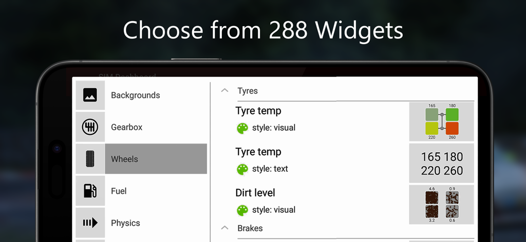 SIM-Dashboard - SIM-Dashboard app interface showing a selection of over 288 racing telemetry widgets including tyre temperature and dirt level