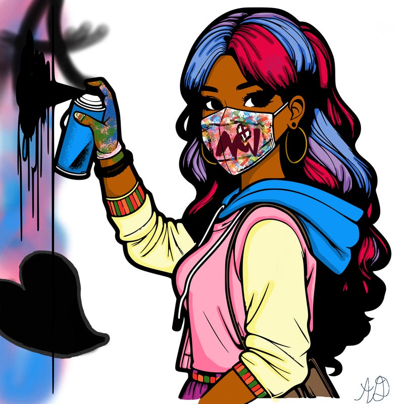 realistic girl with mask spray painting a wall