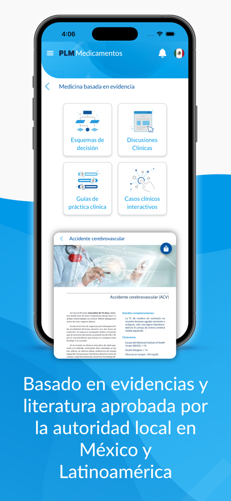 PLM Medicamentos - Captura de pantalla de la aplicación PLM Medicamentos mostrando recursos de medicina basada en evidencia y guías clínicas