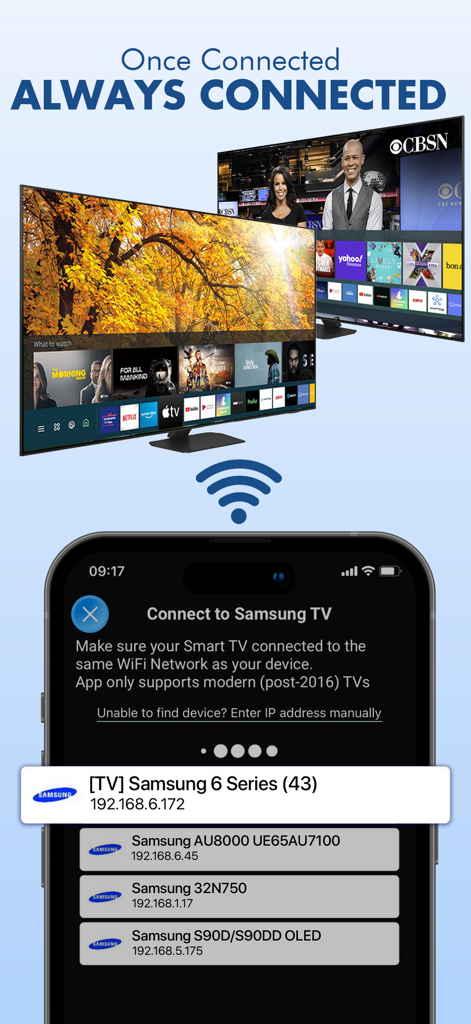 Smart TV Remote: Sam TV Things - Écran d'un iPhone montrant une liste de téléviseurs Samsung Smart TV détectés pour une connexion sans fil.