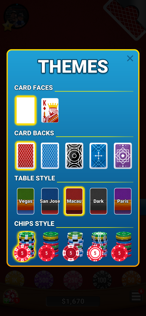 Blackjack 21! - Casino Games - Tela do menu de temas do Blackjack 21 apresentando opções de personalização para cartas, mesas e fichas