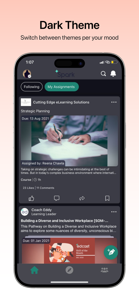 Cornerstone LearningExperience - Cornerstone LearningExperience app interface showing professional development courses and assignments in dark theme.