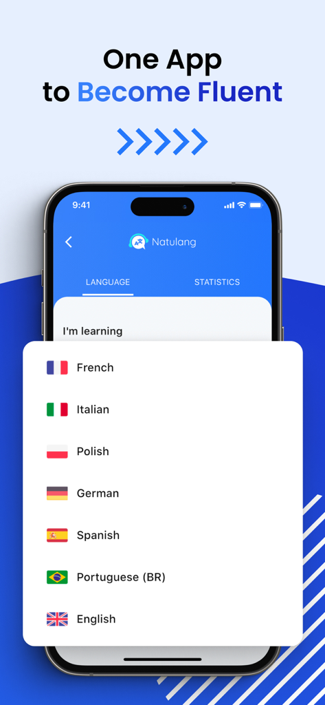 Menu de sélection de langue dans l'application Natulang montrant des options comme le français, l'italien et l'espagnol