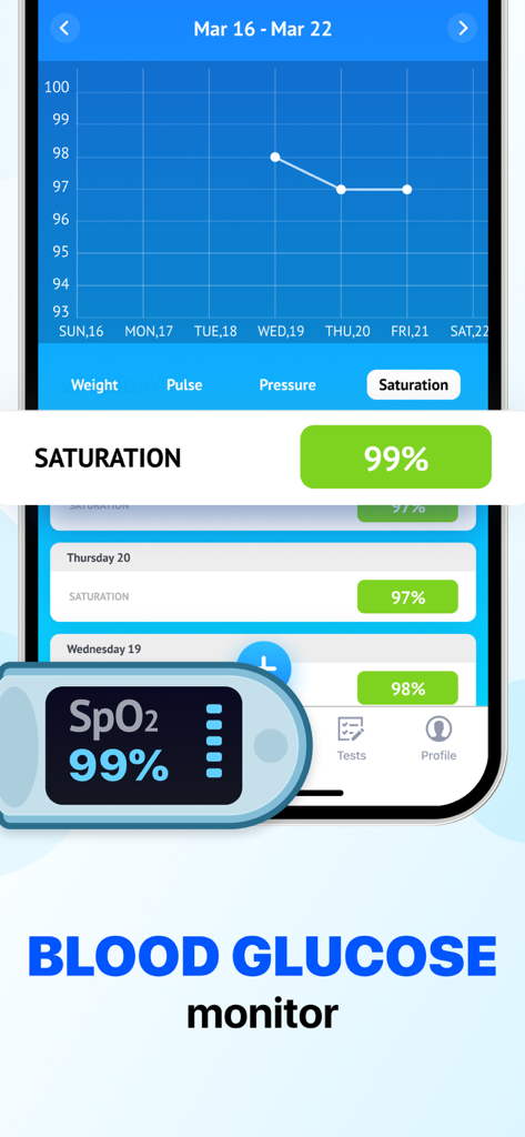 Mobile app interface showing oxygen saturation trends and SpO2 history with a digital chart