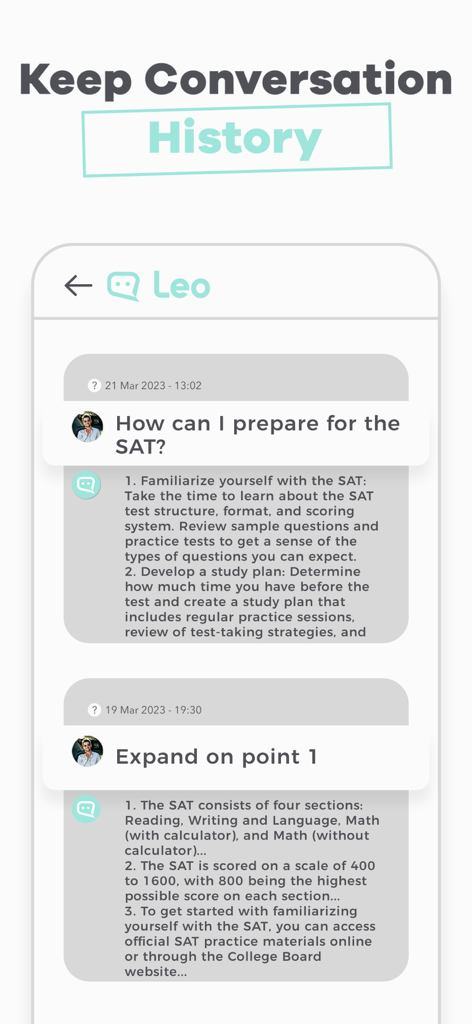 Interfaccia di chat dell'app Leo AI che mostra una cronologia delle conversazioni salvata sulla preparazione ai test SAT.