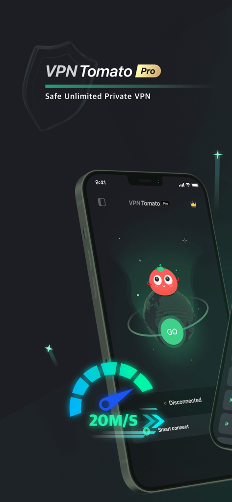 VPN Tomato Pro - Fast & Secure - VPN Tomato Pro mobile app interface featuring a one click connection button and high speed performance indicator