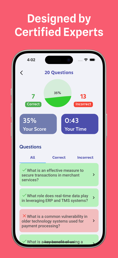 A mobile app screenshot showing CTP practice quiz results including score, time, and a list of correct and incorrect answers.