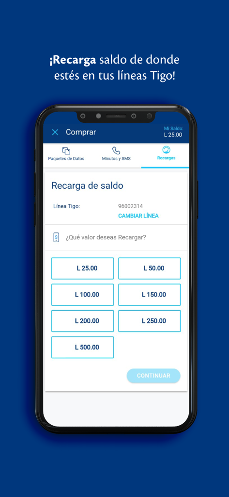 Capture d'écran de l'application Mi Tigo Honduras affichant les options de recharge de crédit mobile à Lempiras