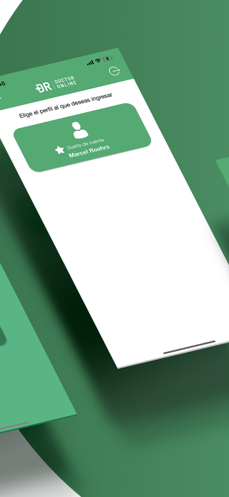 Doctor Online - Tela de seleção de perfil no aplicativo médico Doctor Online em espanhol.