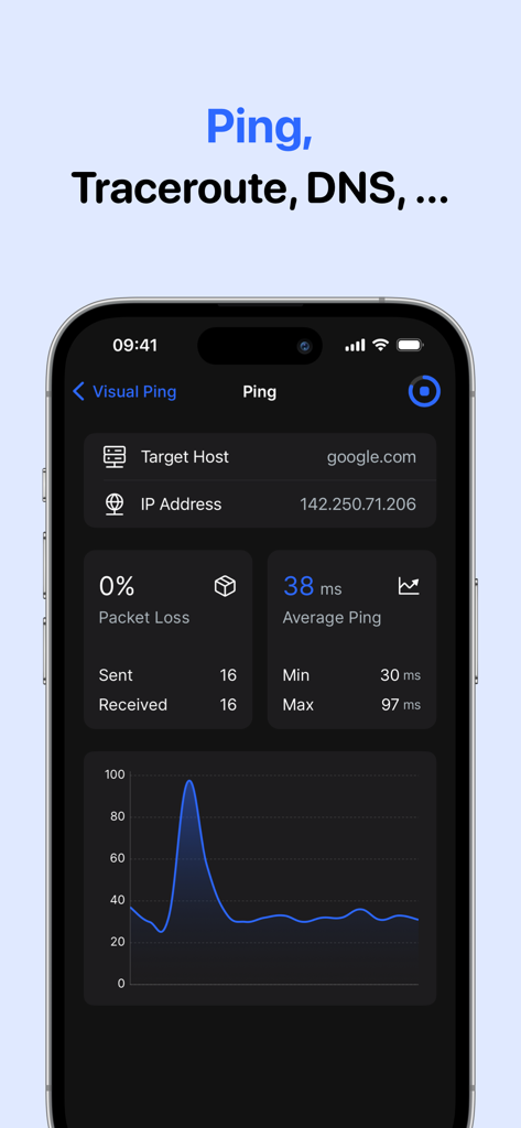 Network Scanner: WiFi Analyzer - Mobile app interface showing a visual ping test for google.com with average latency and packet loss data