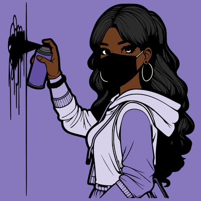 realistic girl with mask spray painting a wall