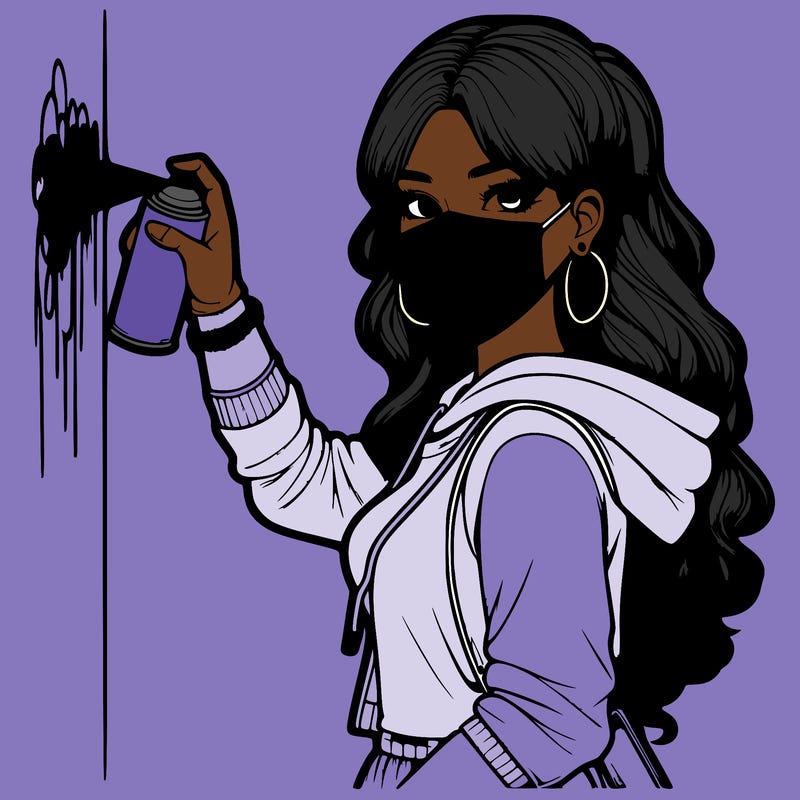 realistic girl with mask spray painting a wall