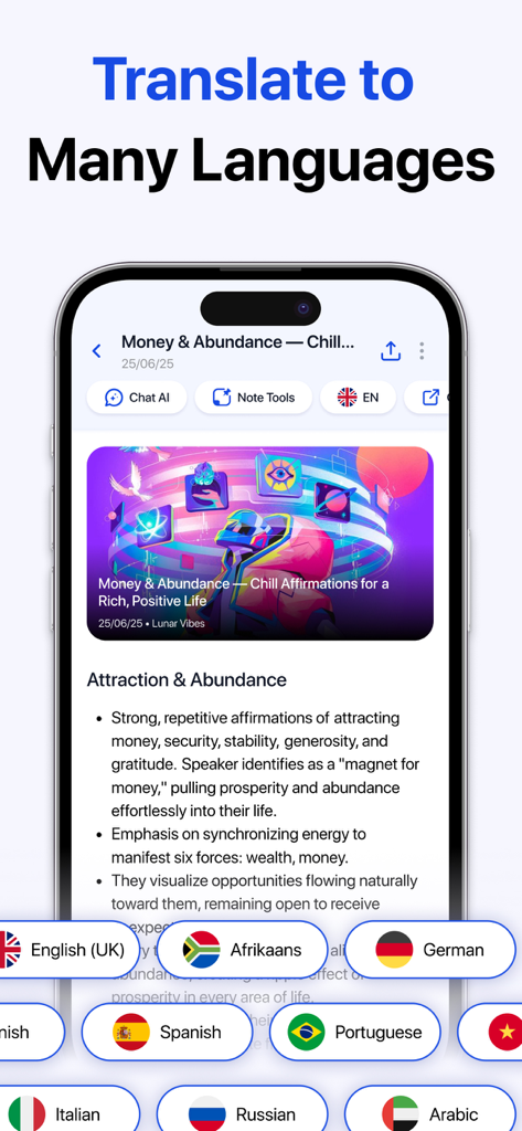 Un'interfaccia mobile di AI Note Taker che mostra una funzione di traduzione con varie opzioni linguistiche come inglese, tedesco e spagnolo