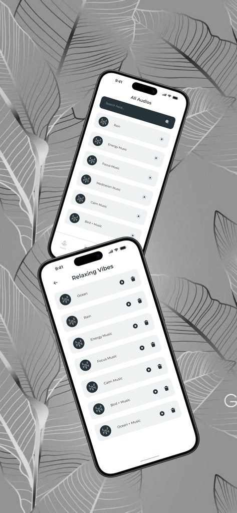 Sound & Soulful - Two smartphones displaying a selection of relaxing background sounds and music tracks within the Sound and Soulful app interface.