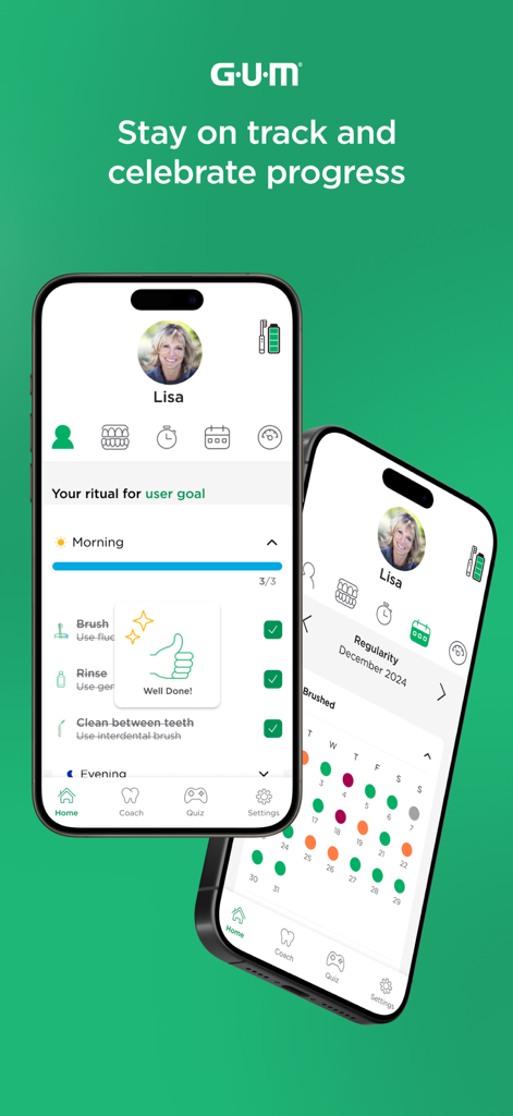 GUM SMART - Screenshots der GUM SMART App, die eine Checkliste für das morgendliche Dentalritual und einen monatlichen Fortschrittskalender zeigen