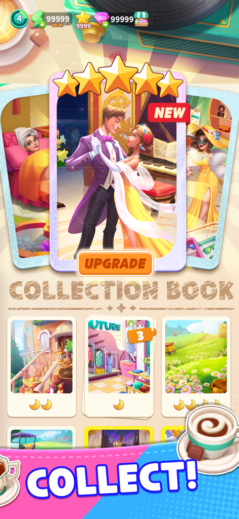 Merge Night Live - Merge Night Live mobile game screenshot showing the collection book screen with various story and character cards
