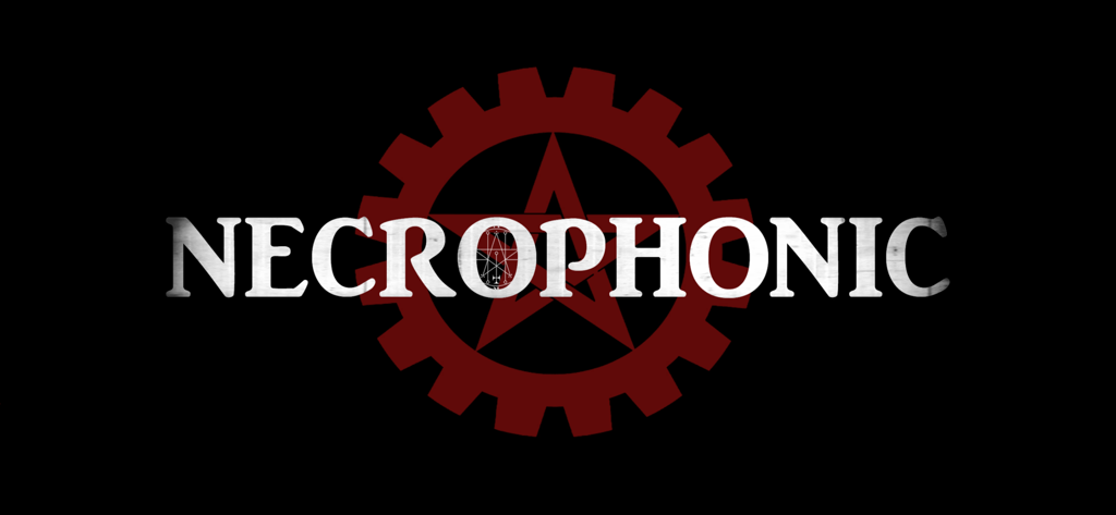 Necrophonic - 검은색 배경에 빨간색 기어와 별 아이콘 위에 흰색 텍스트가 있는 Necrophonic 앱 로고