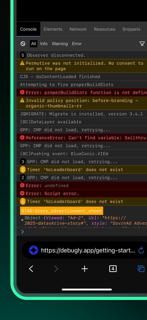 Web Inspector & Dev Tools - Aplicación Inspector Web mostrando registros y errores de la consola JavaScript en el móvil