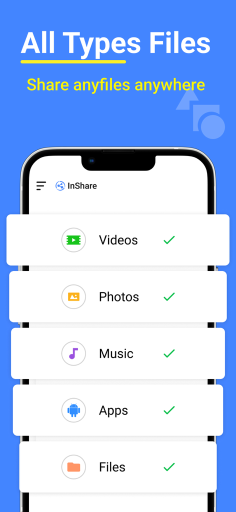 InShare - File Sharing - InShare app interface showing a list of shareable file types including videos, photos, music, and apps with green checkmarks.