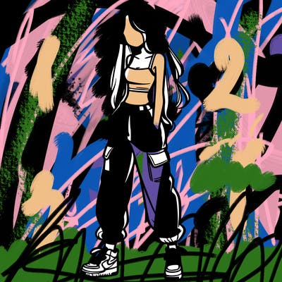 girl in baggy pants crop top and long hair