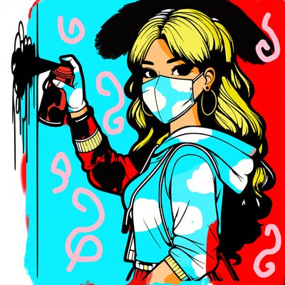 realistic girl with mask spray painting a wall