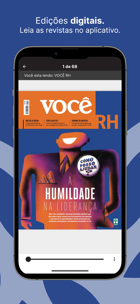 VOCÊ RH - Tela de celular mostrando o aplicativo VOCÊ RH com a capa de uma revista digital intitulada Humildade na Liderança