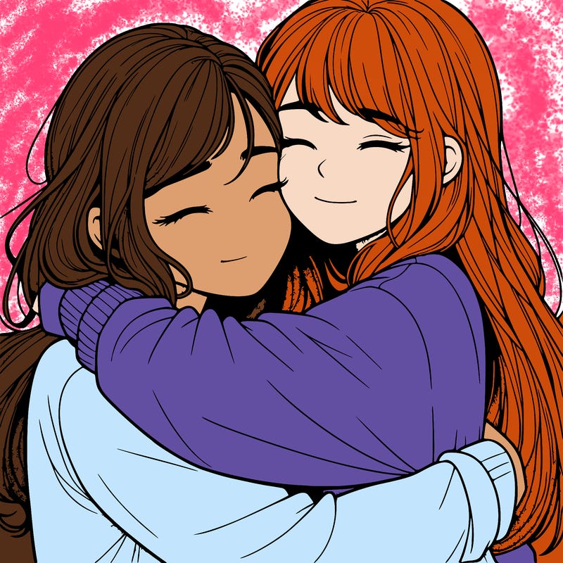 realistic two girls hugging