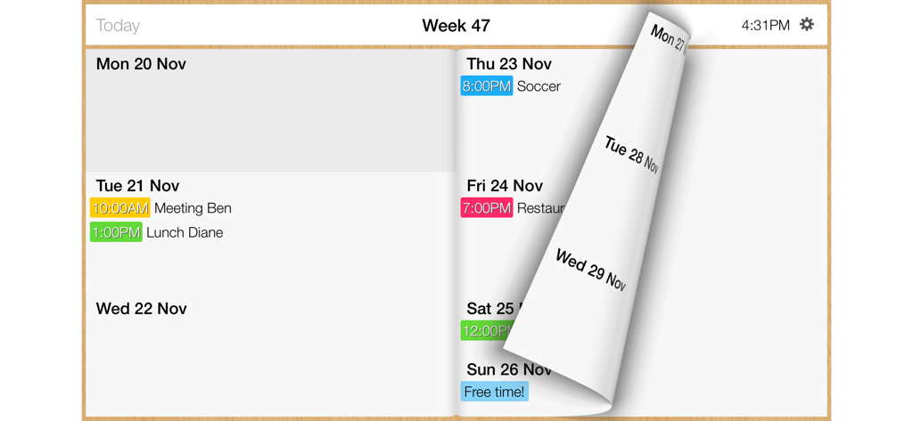 Aplicativo Week Calendar Plus em modo paisagem mostrando uma agenda semanal com efeito de virar de página