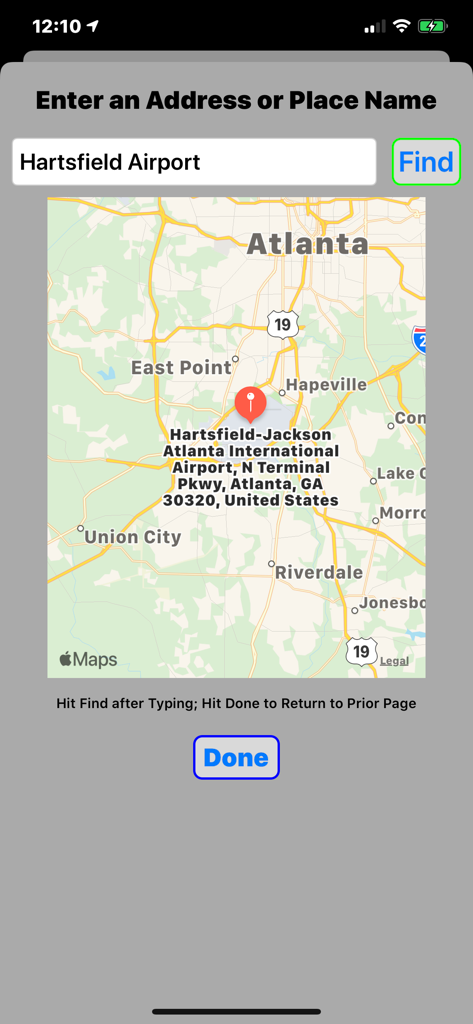 Location search screen in the Civil Twilight Calculator app showing Hartsfield Jackson Atlanta International Airport on a map