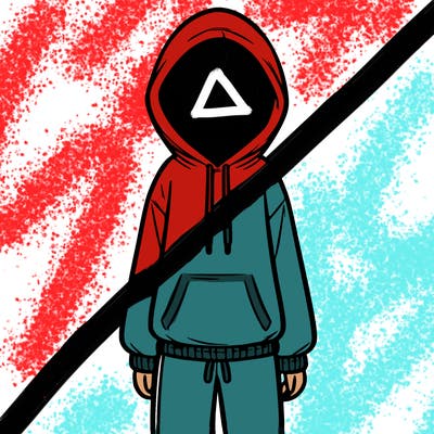 faceless girl in a tracksuit with a hood on and no hair