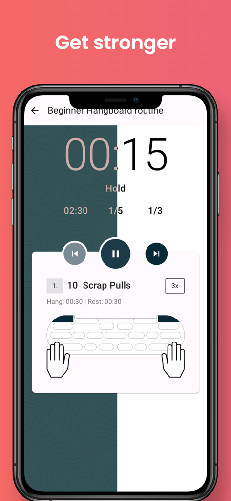 HangTime - Hangboard Training - A smartphone screen displaying a climbing hangboard routine with a timer and grip guide
