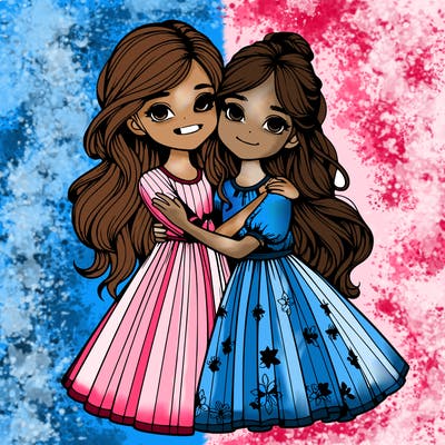 two realistic sisters, one taller, one shorter are hugging