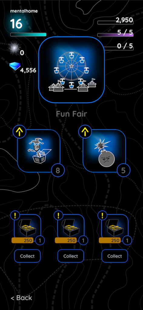 Sonar Islands app screen displaying Fun Fair island upgrades and collectible treasure chests.